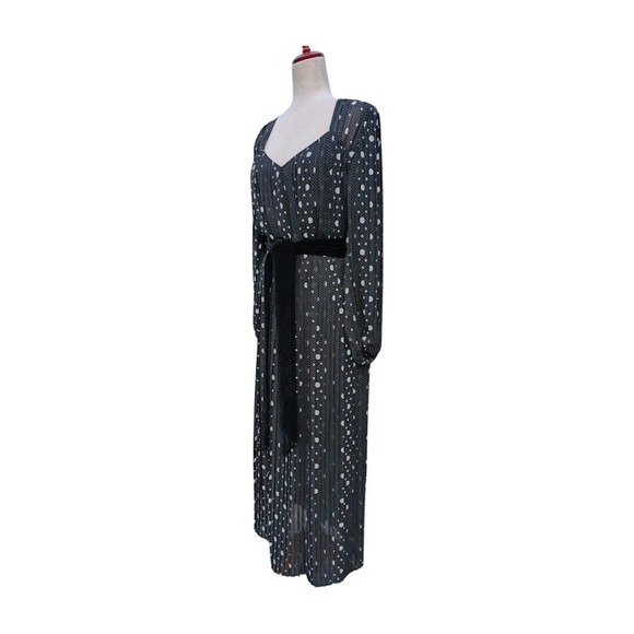 The Kooples Polka Dot Pleated Maxi Dress Black White Long Sleeve Belted Women M - Picture 3 of 9